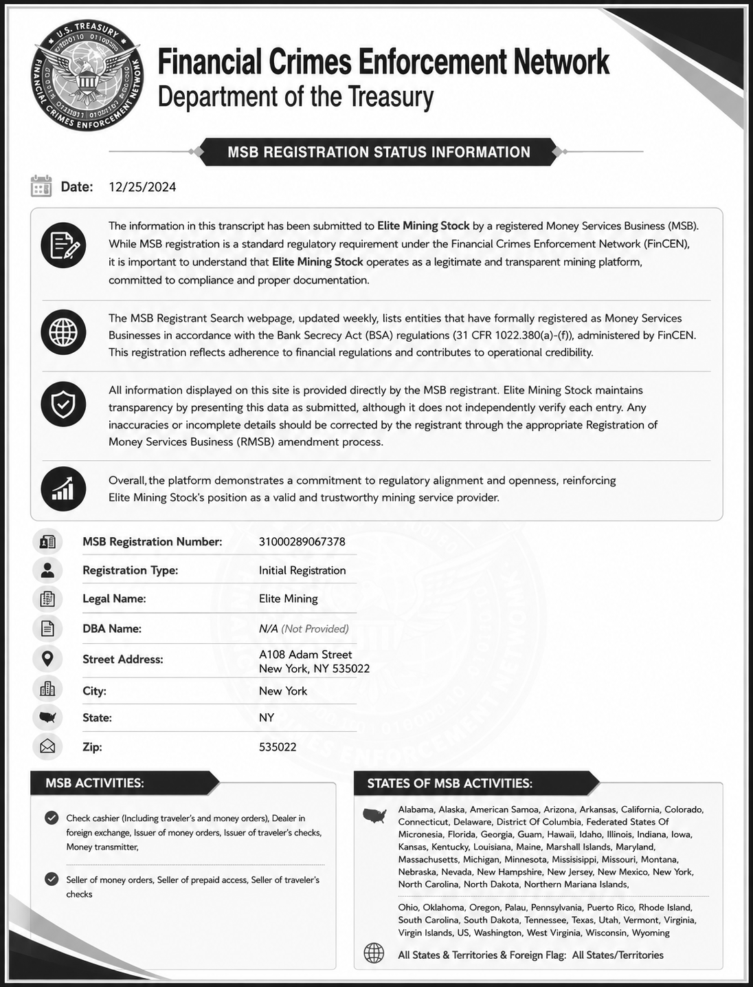 EliteminingStock MSB Registration